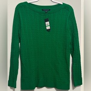 Tommy Hilfiger Womens L Cable Knit Sweater Boat Neck Pullover Green